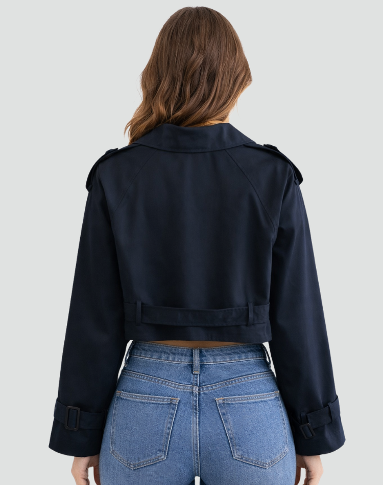 Women's Cropped Double-Breasted Trench Jacket with Belt