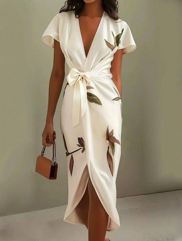 Women's Floral Wrap Midi Dress with Tie Waist