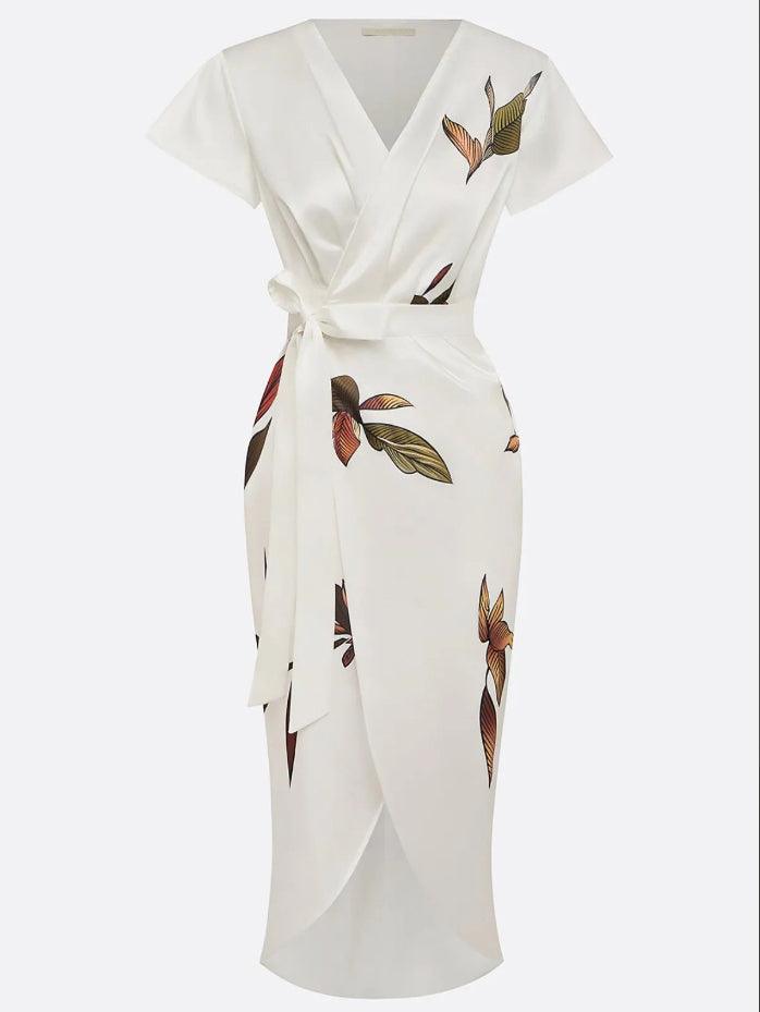 Women's Floral Wrap Midi Dress with Tie Waist