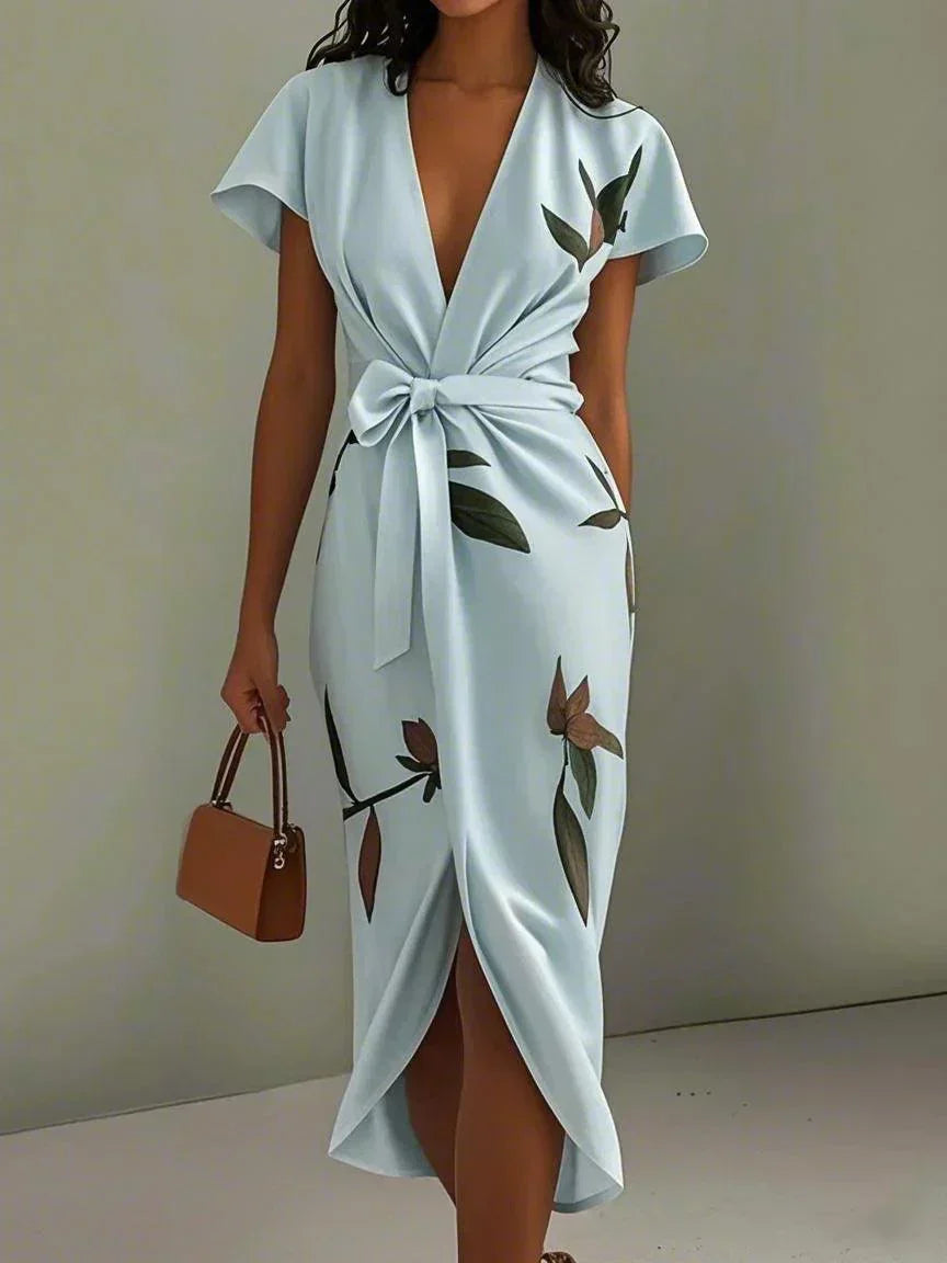 Women's Floral Wrap Midi Dress with Tie Waist