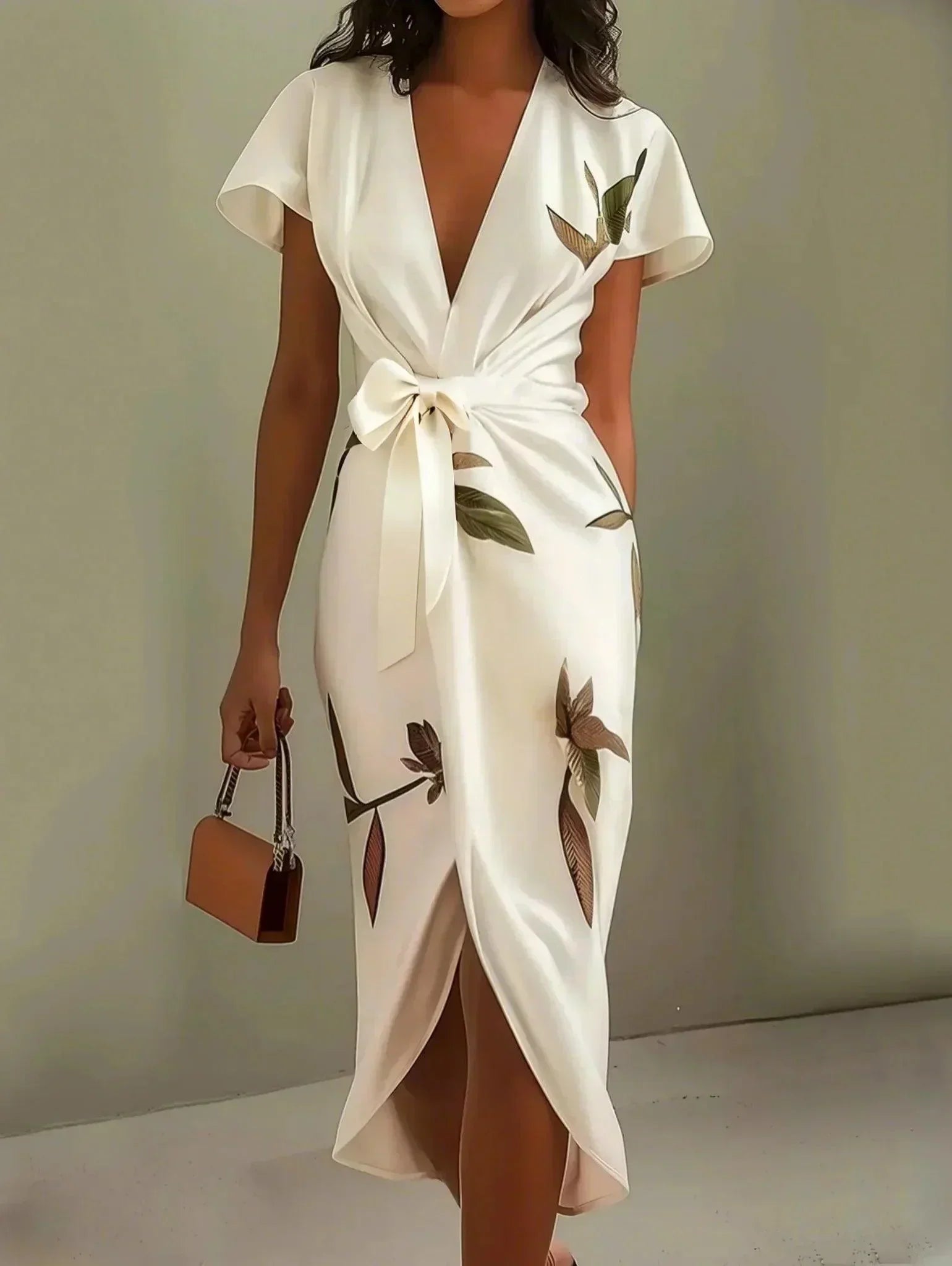 Women's Floral Wrap Midi Dress with Tie Waist