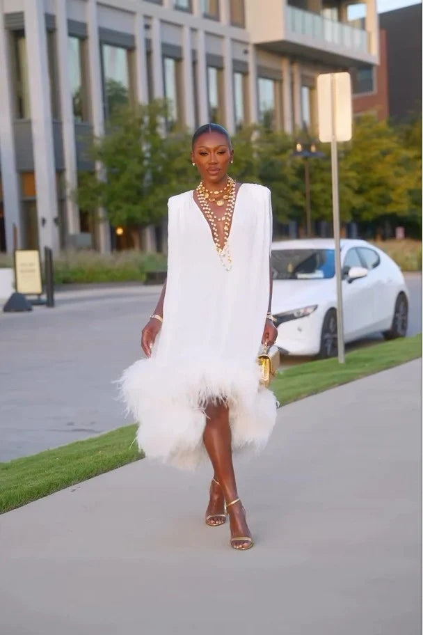 Women's Deep V Midi Dress with Feather Hem