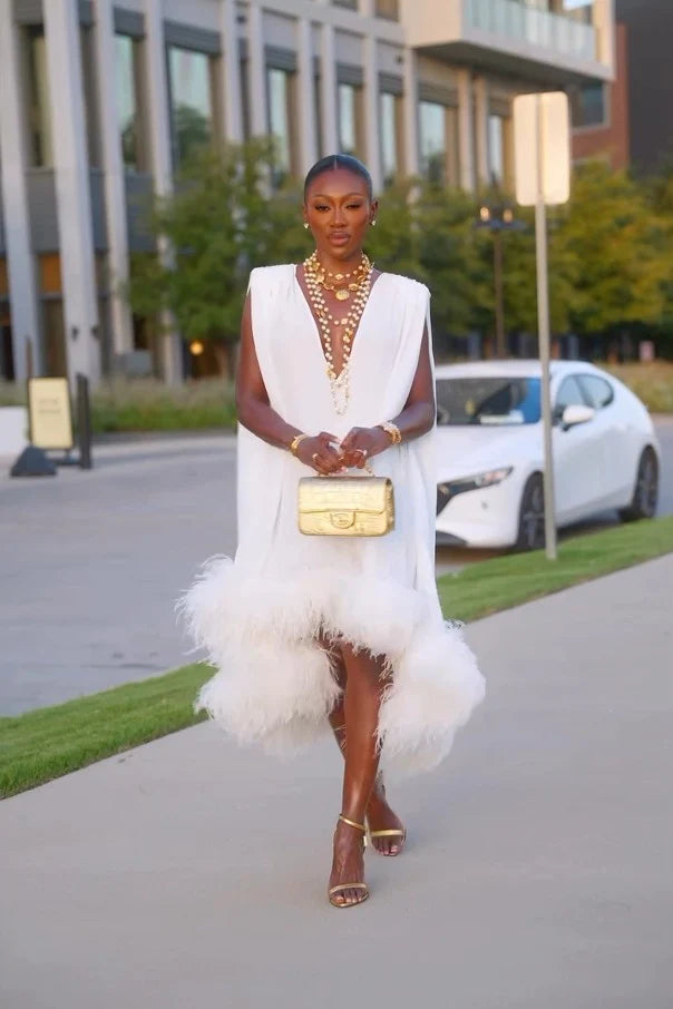 Women's Deep V Midi Dress with Feather Hem