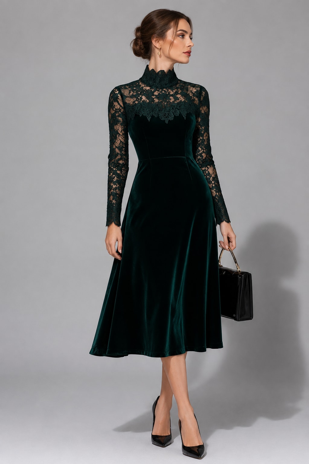 Robe midi en velours pour femme | Robe pour invitée de mariage à manches en dentelle