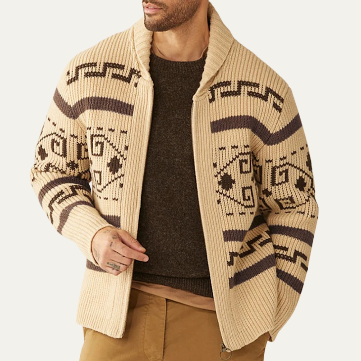 Men's Oversized Knit Cardigan | Open Front Ribbed Shawl Collar