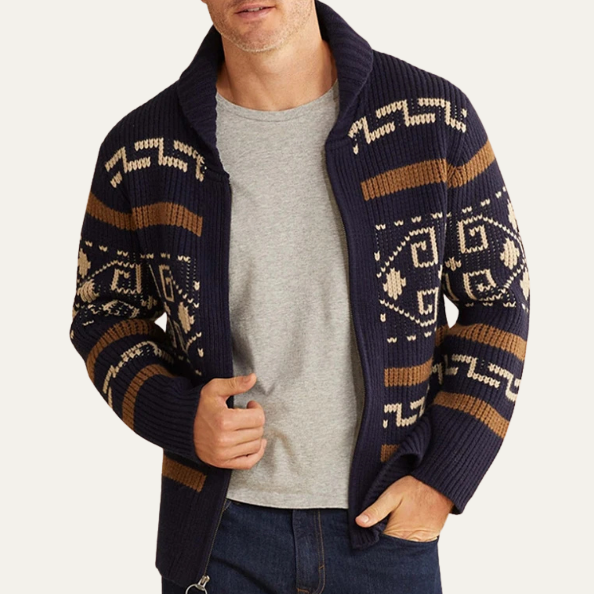 Men's Oversized Knit Cardigan | Open Front Ribbed Shawl Collar