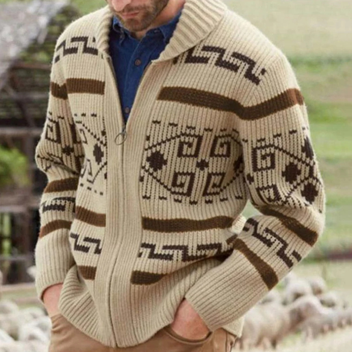 Men's Oversized Knit Cardigan | Open Front Ribbed Shawl Collar