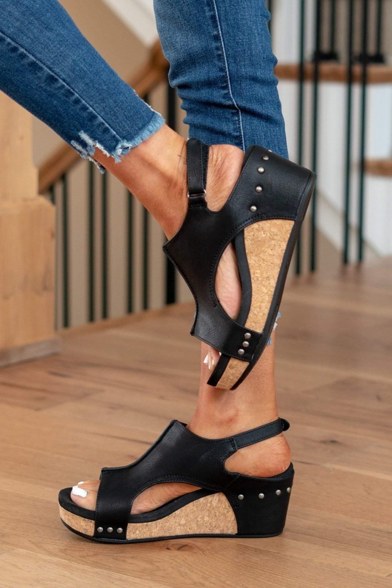 Suede Wedge Sandals with Cork Platform and Ankle Strap