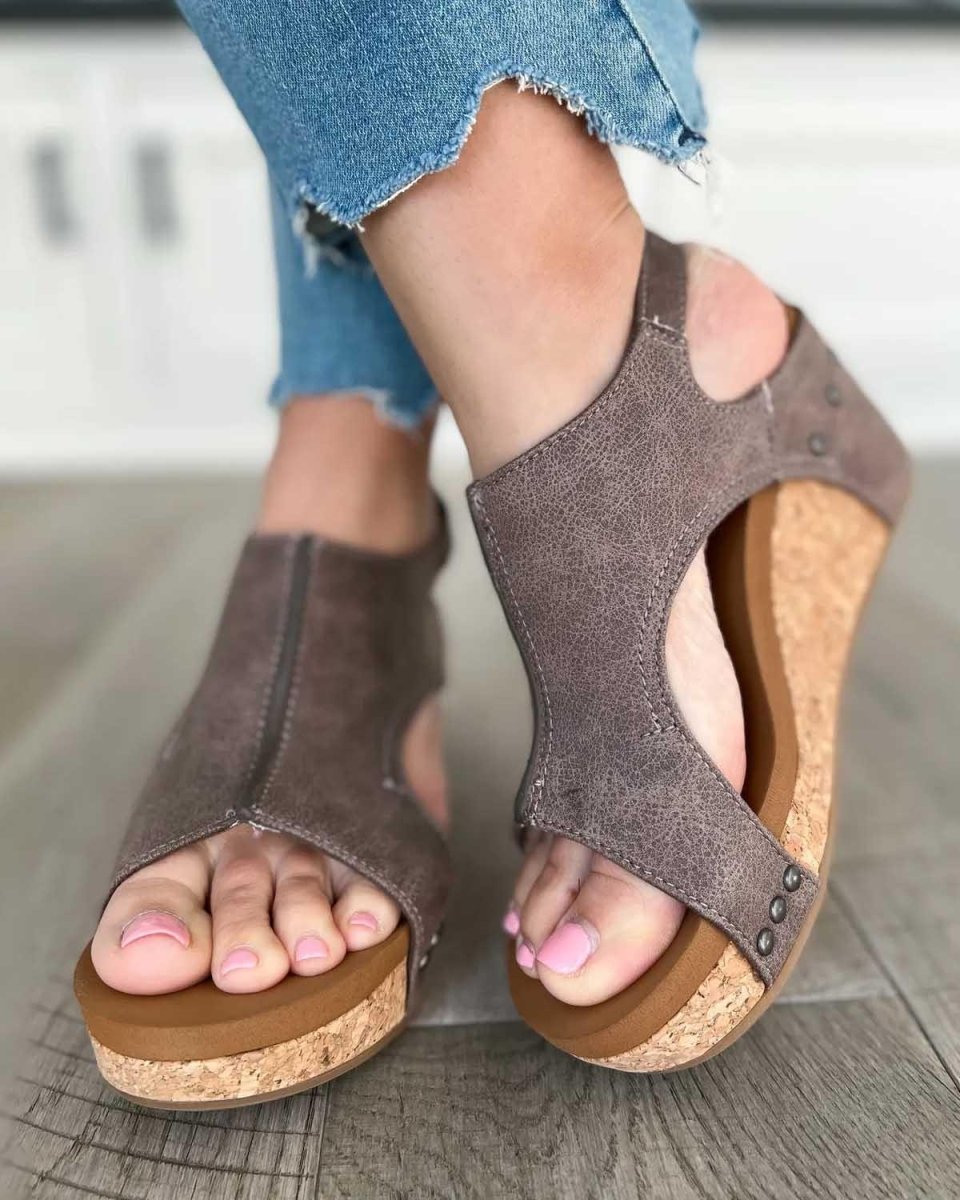 Suede Wedge Sandals with Cork Platform and Ankle Strap