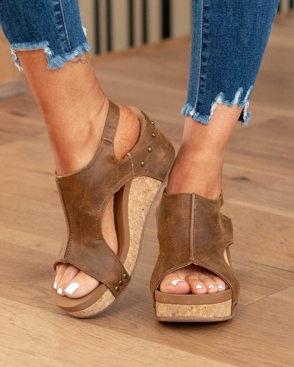 Suede Wedge Sandals with Cork Platform and Ankle Strap