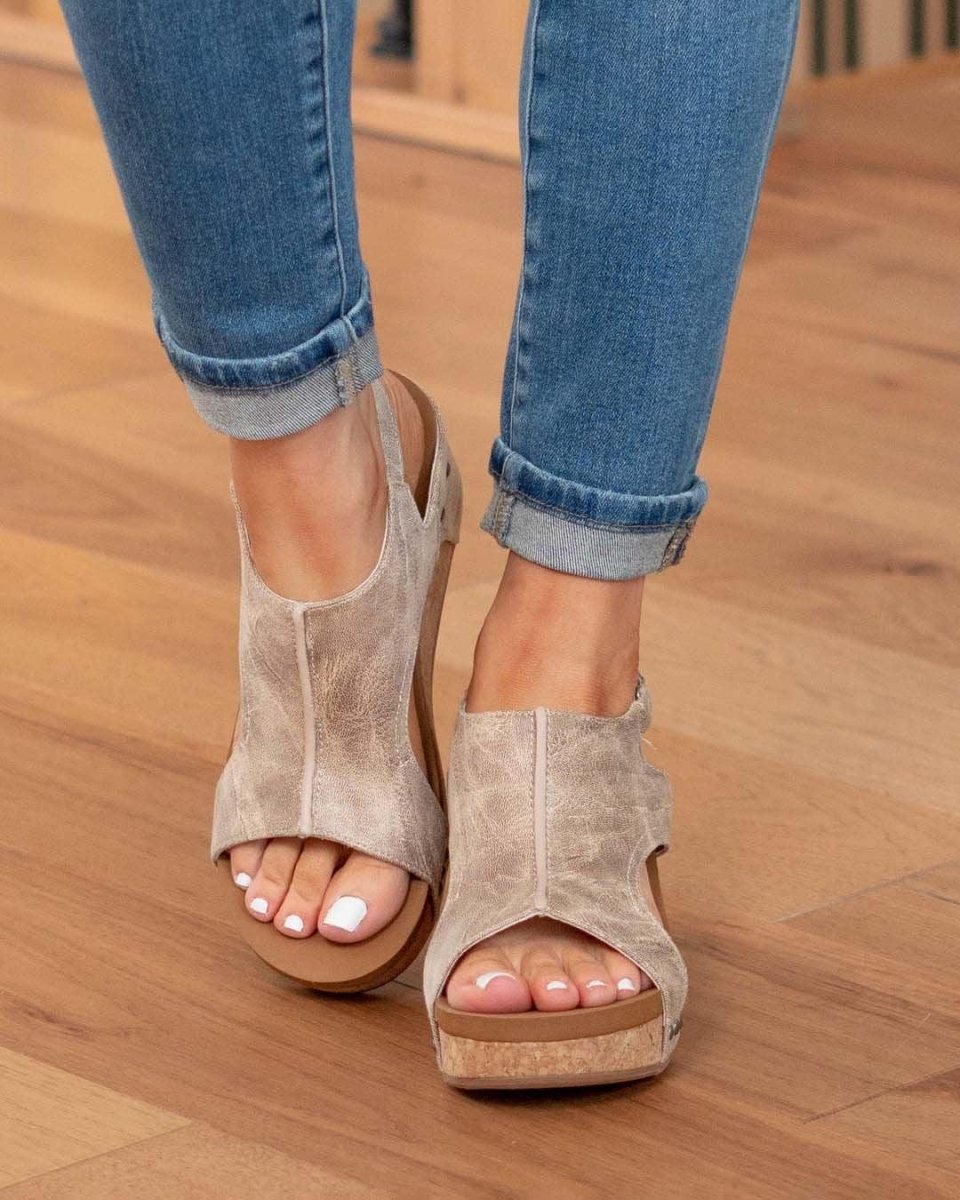 Suede Wedge Sandals with Cork Platform and Ankle Strap