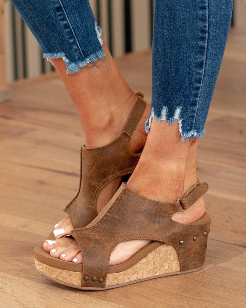 Suede Wedge Sandals with Cork Platform and Ankle Strap