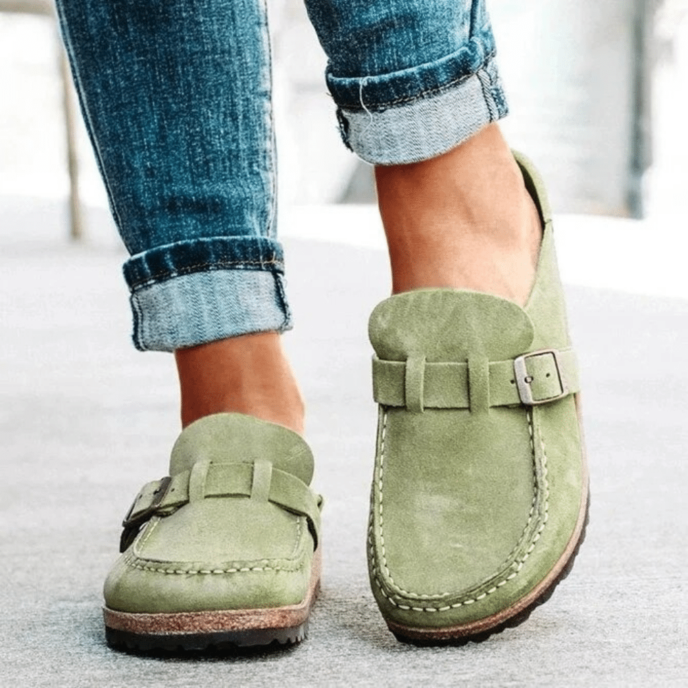 Backless Suede Mules with Buckle Strap