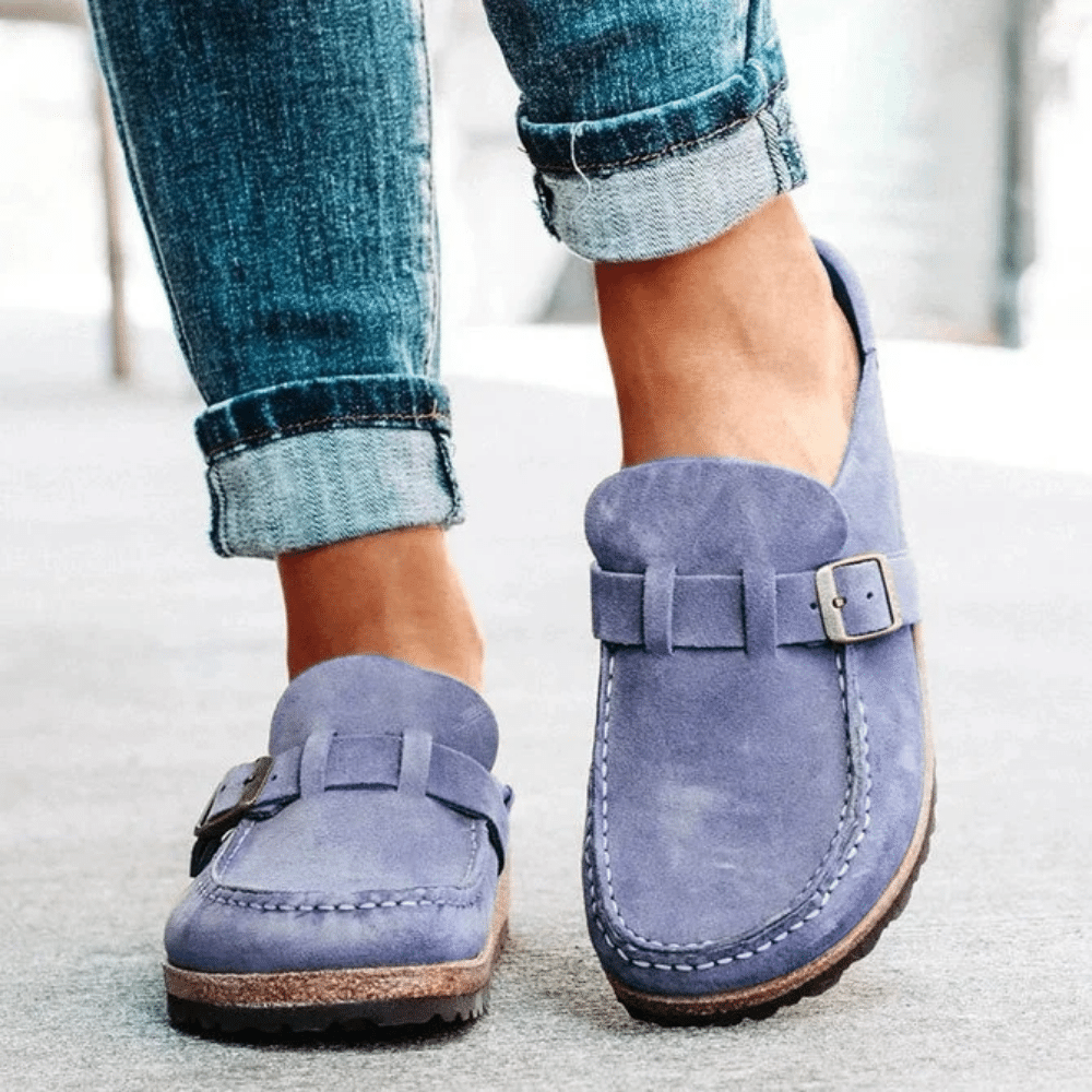 Backless Suede Mules with Buckle Strap