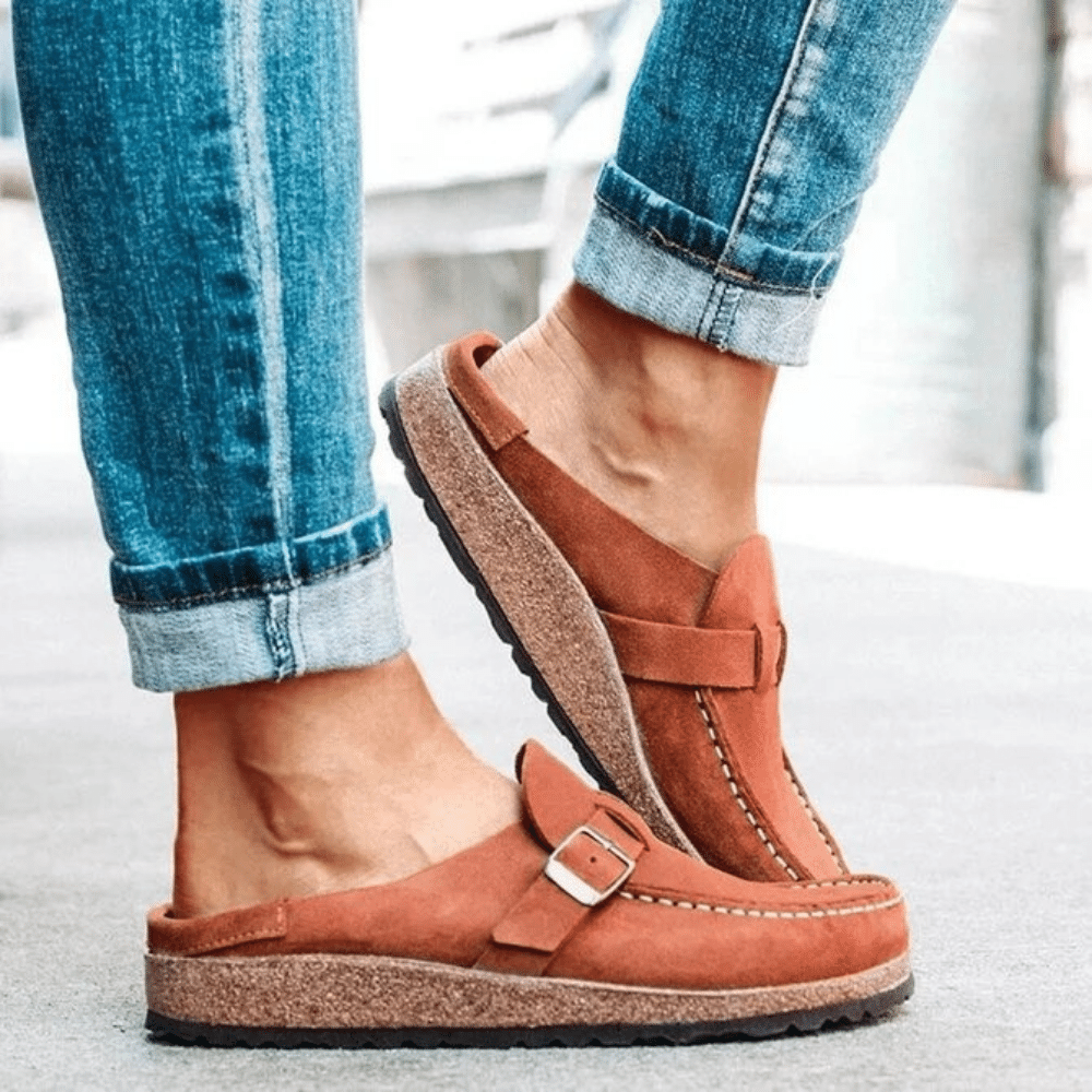 Backless Suede Mules with Buckle Strap