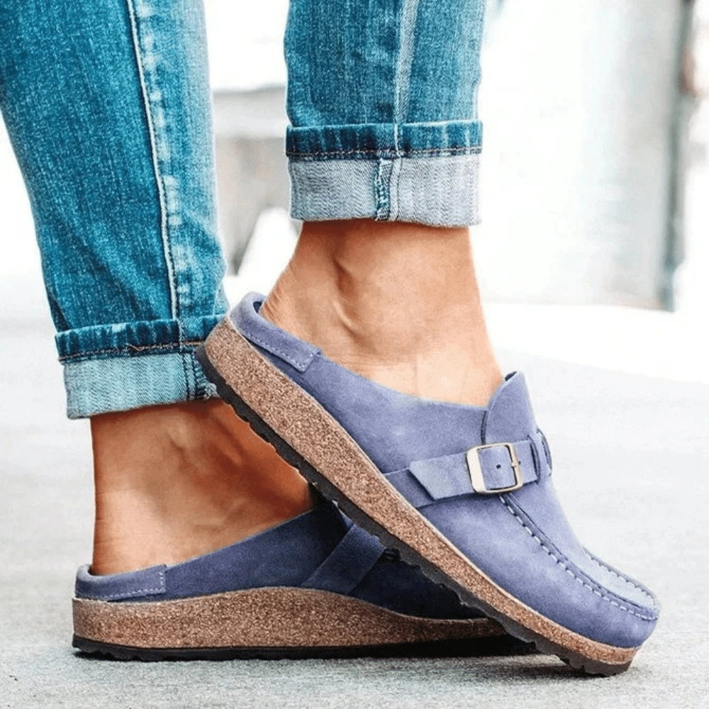 Backless Suede Mules with Buckle Strap