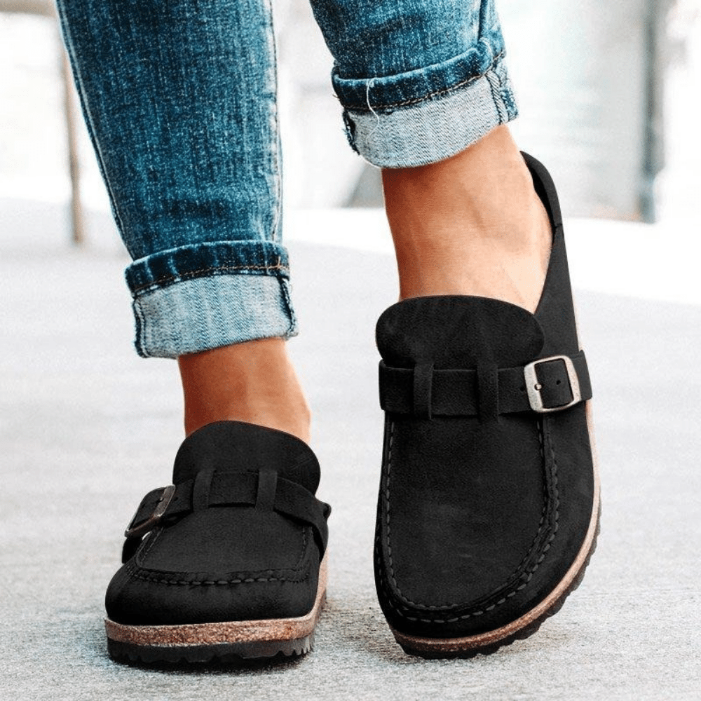 Backless Suede Mules with Buckle Strap