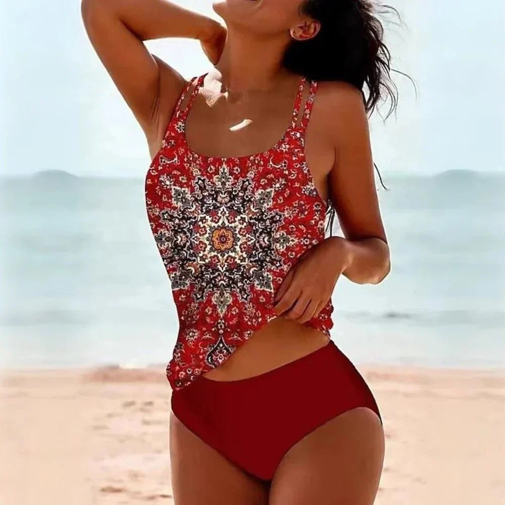 Printed Tankini Set with High-Waist Bottom
