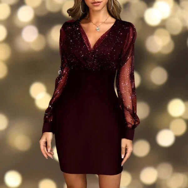 Robe mini à sequins pour femme | Robe de soirée à manches longues et col en V