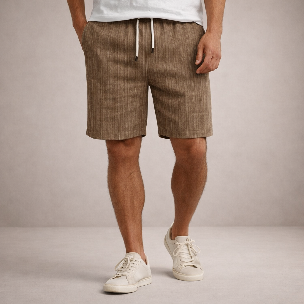 Linen-Blend Drawstring Shorts with Striped Texture