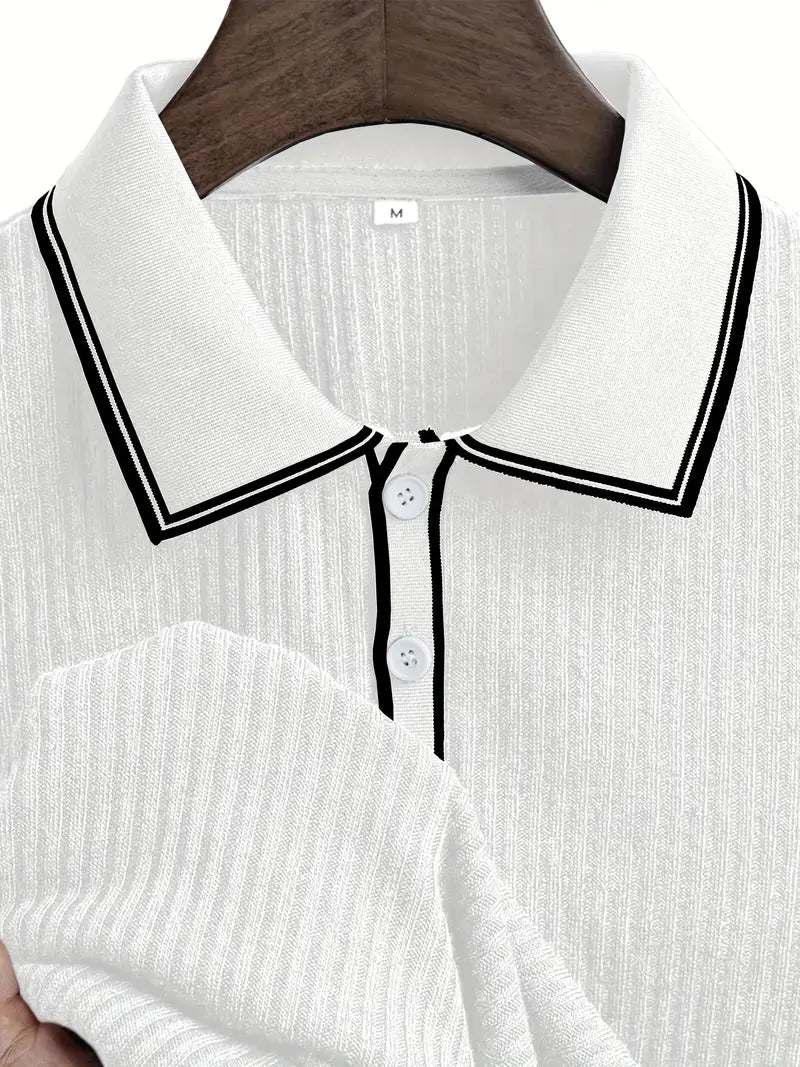 Ribbed Knit Polo with Contrast Placket Trim