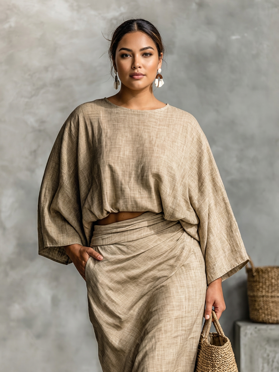 Ensemble deux pièces pour femme en mélange de lin, avec top et jupe longue