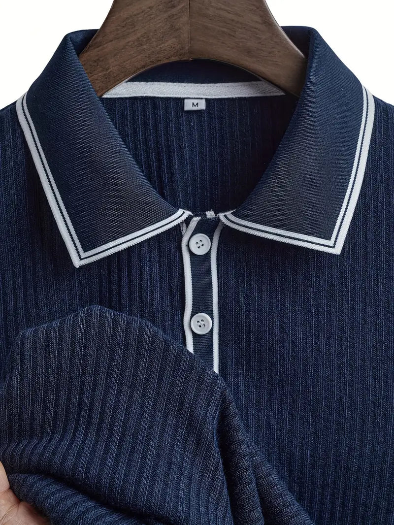 Ribbed Knit Polo with Contrast Placket Trim