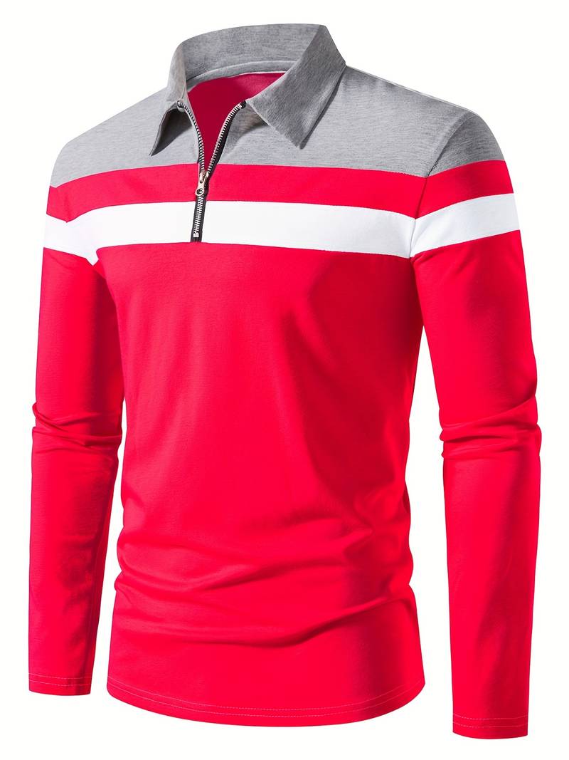 Men's Quarter Zip Colour Block Polo Shirt