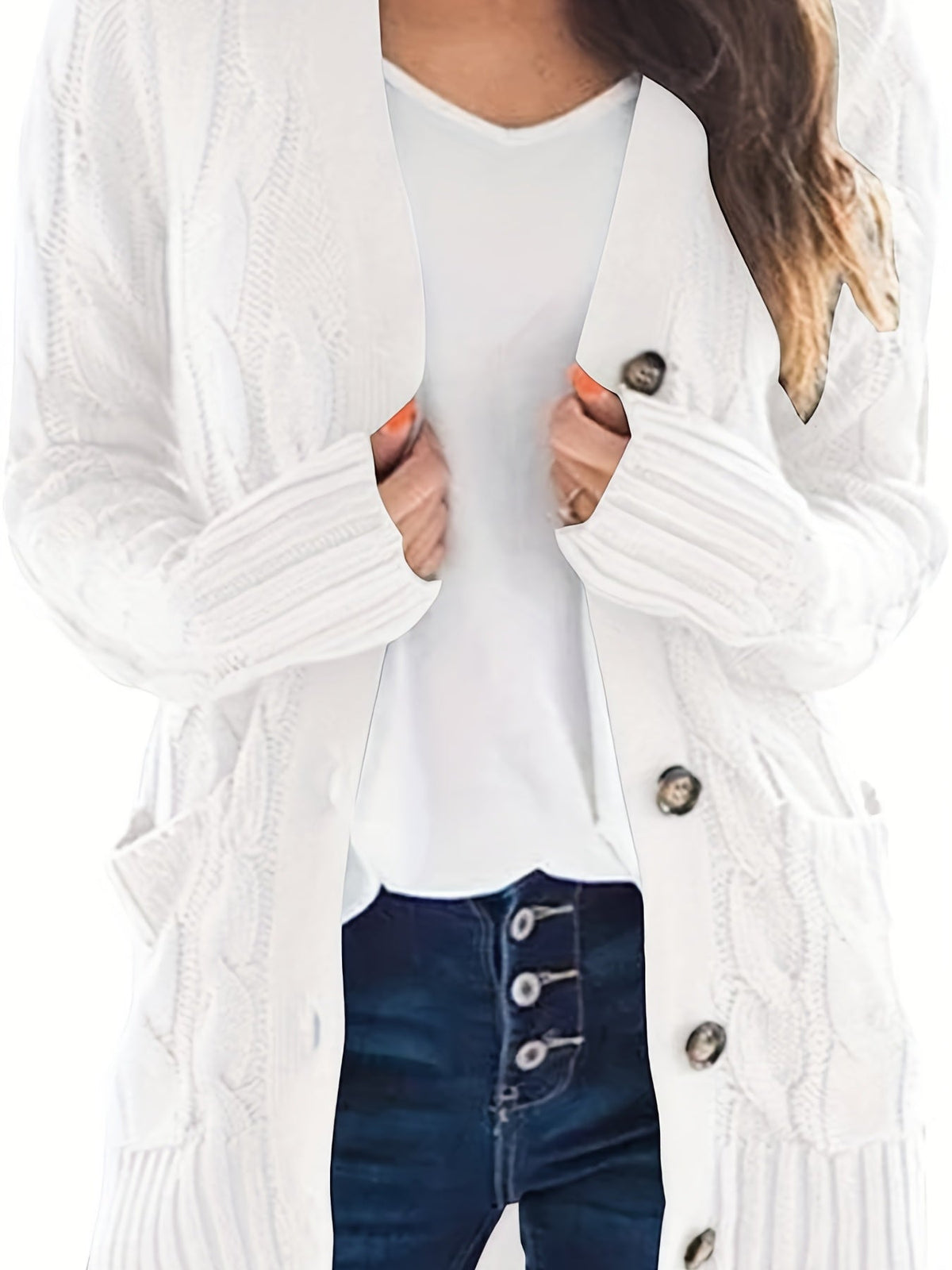 Gilet long en maille torsadée pour femme avec poches