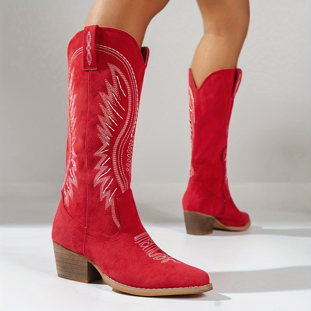 Women's Suede Western Boots with Scroll Embroidery