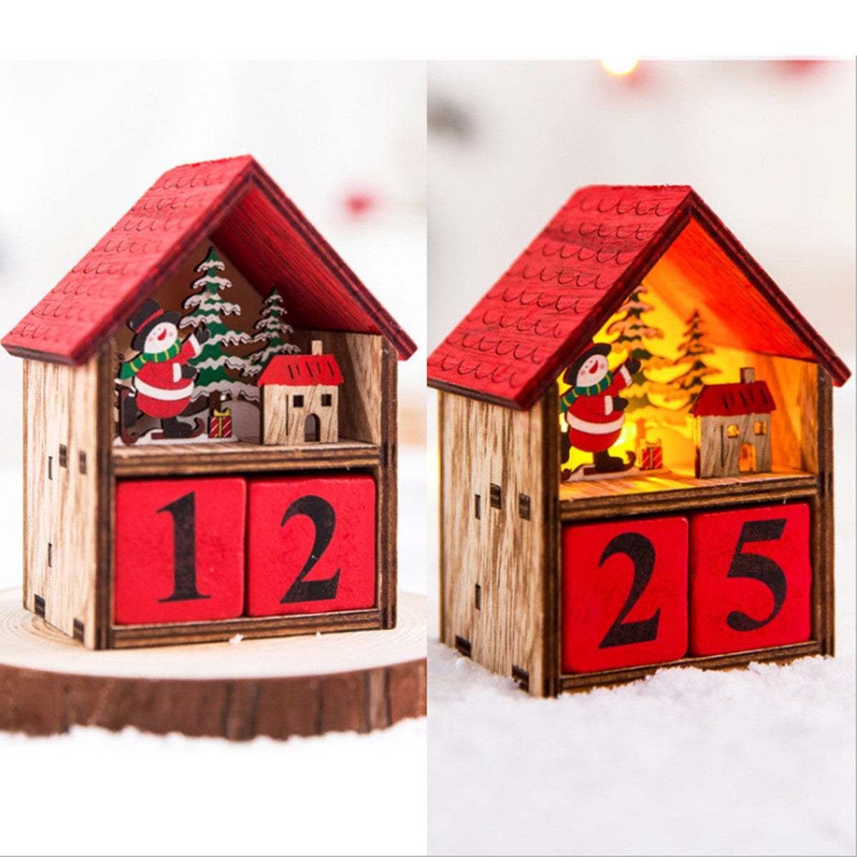 Wooden LED Advent Calendar House | Santa & Snowman Design