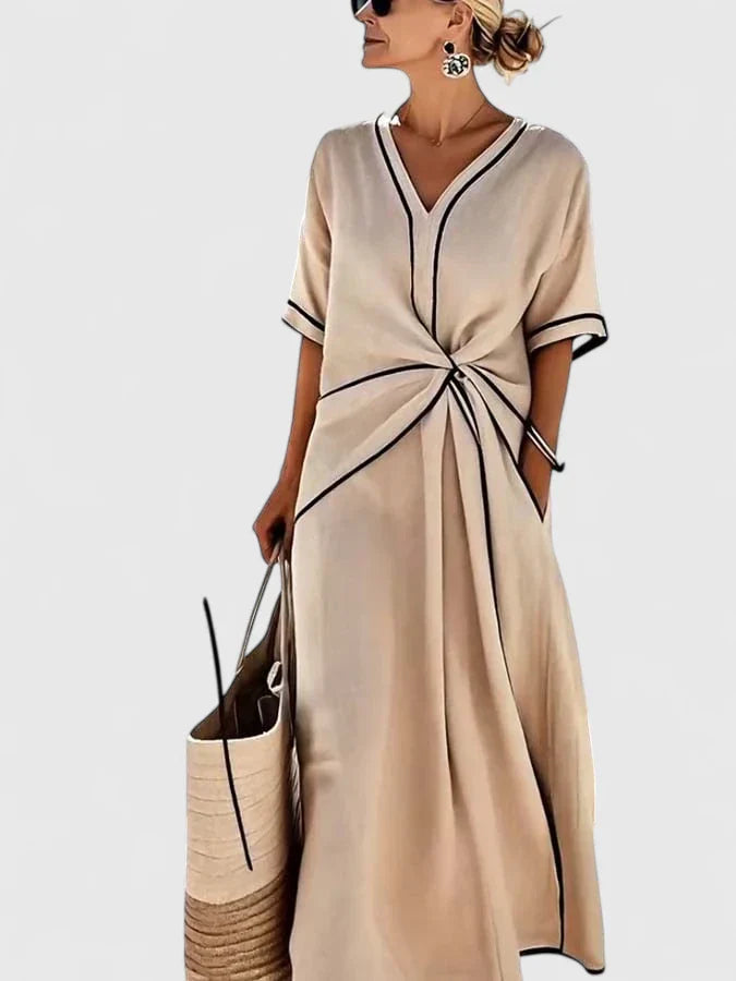 Twist-Front Maxi Dress with Contrast Piping