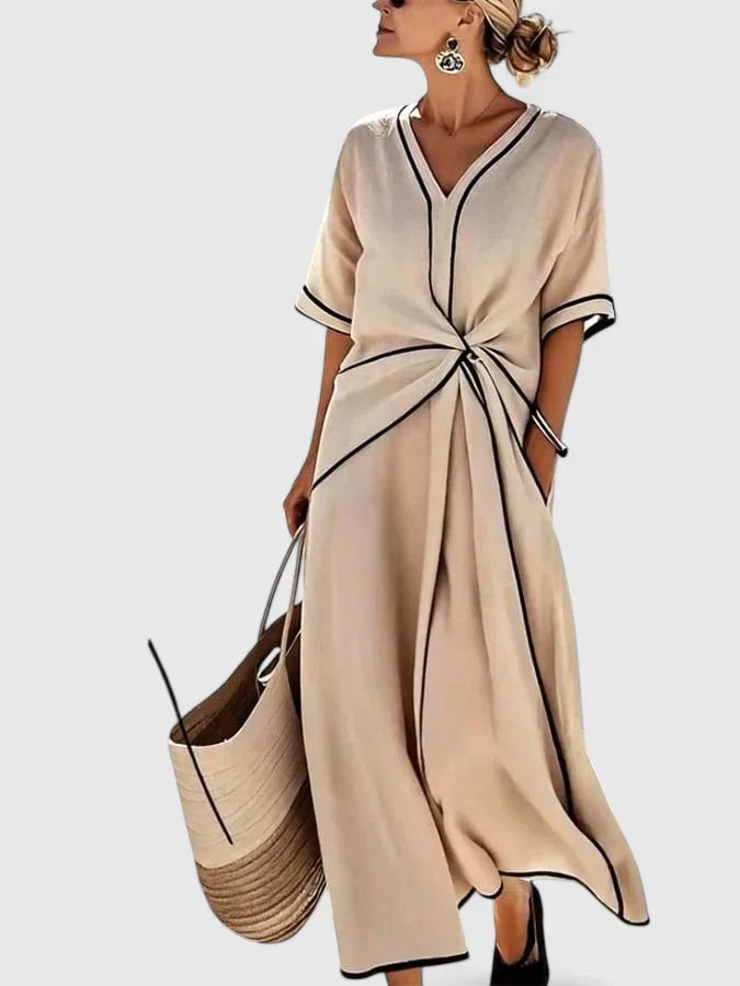 Twist-Front Maxi Dress with Contrast Piping