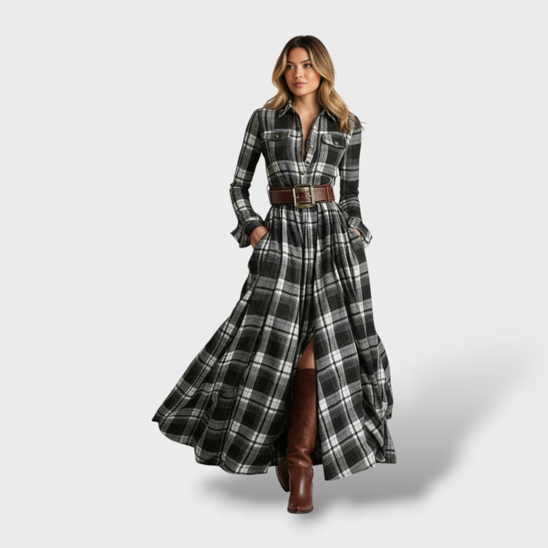 Robe-chemise longue à carreaux tartan pour femme, manches longues
