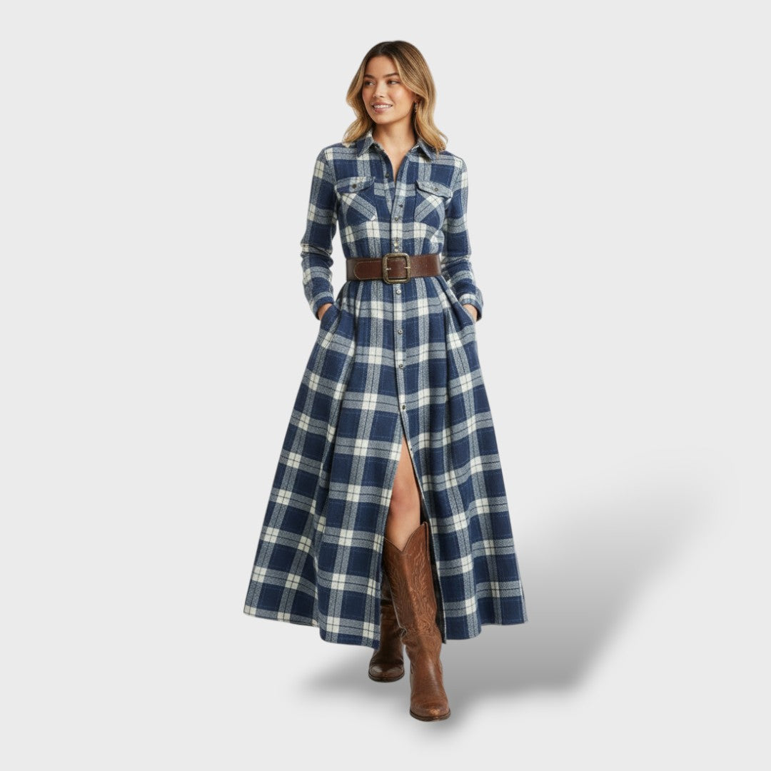 Robe-chemise longue à carreaux tartan pour femme, manches longues