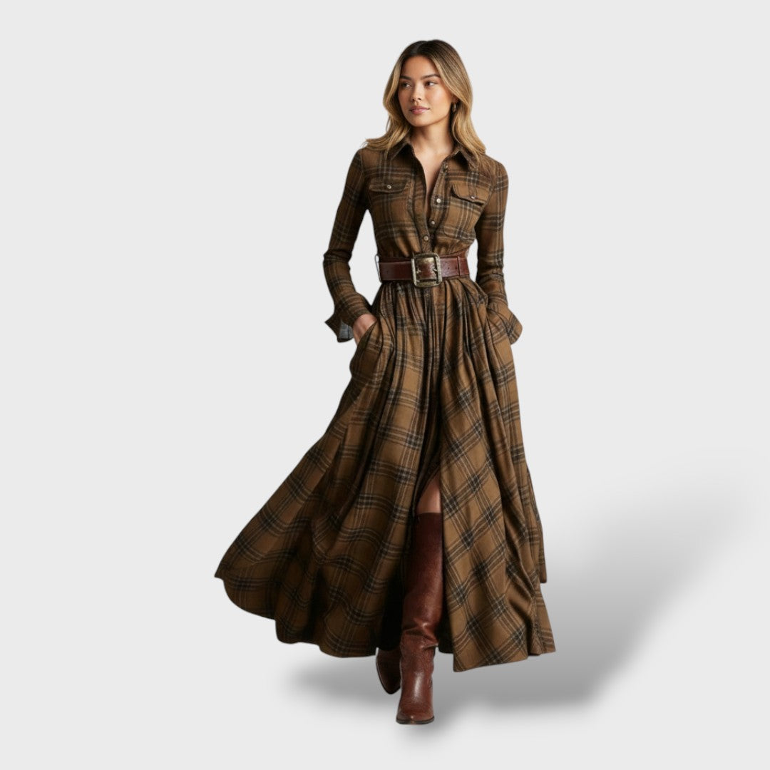 Robe-chemise longue à carreaux tartan pour femme, manches longues