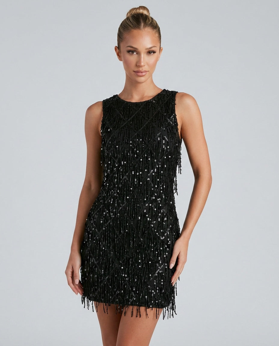 Mini-robe à sequins pour femme avec ourlet à franges