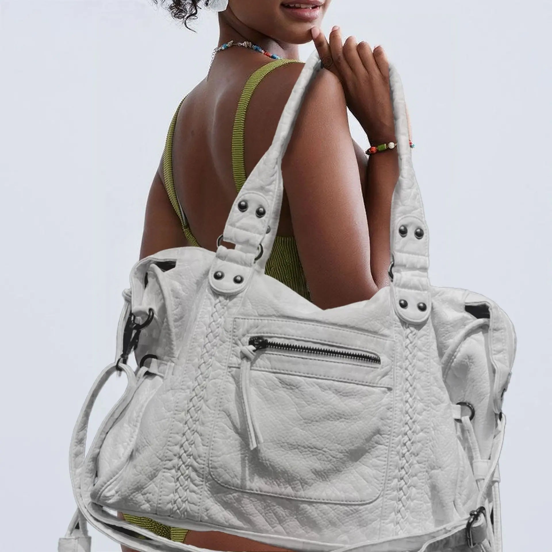 Shoulder Bag in Faux Leather with Studded Braided Trim