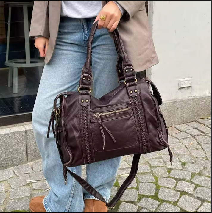 Shoulder Bag in Faux Leather with Top Handles and Crossbody Strap