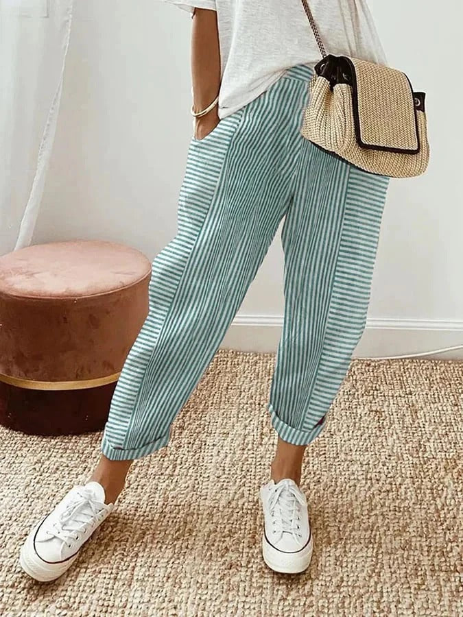 Striped Trousers in Cotton with Elastic Waist