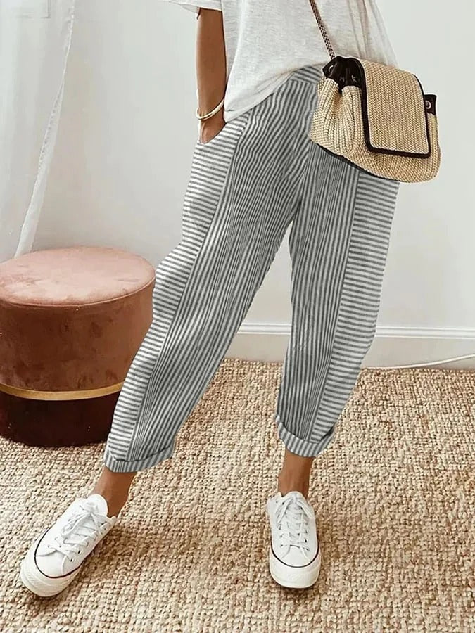 Striped Trousers in Cotton with Elastic Waist