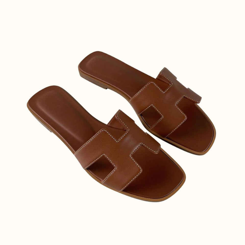 Leather Slide Sandals with Cutout Strap Design