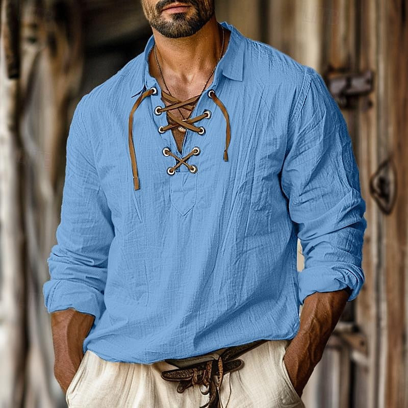 Lace-Up Long-Sleeve Shirt with Tunic Collar