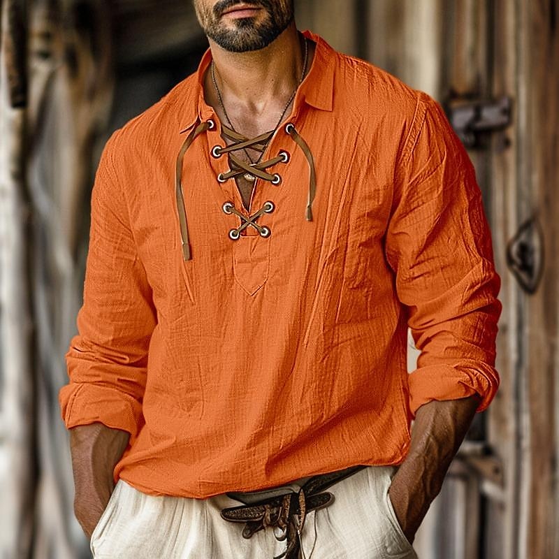 Lace-Up Long-Sleeve Shirt with Tunic Collar