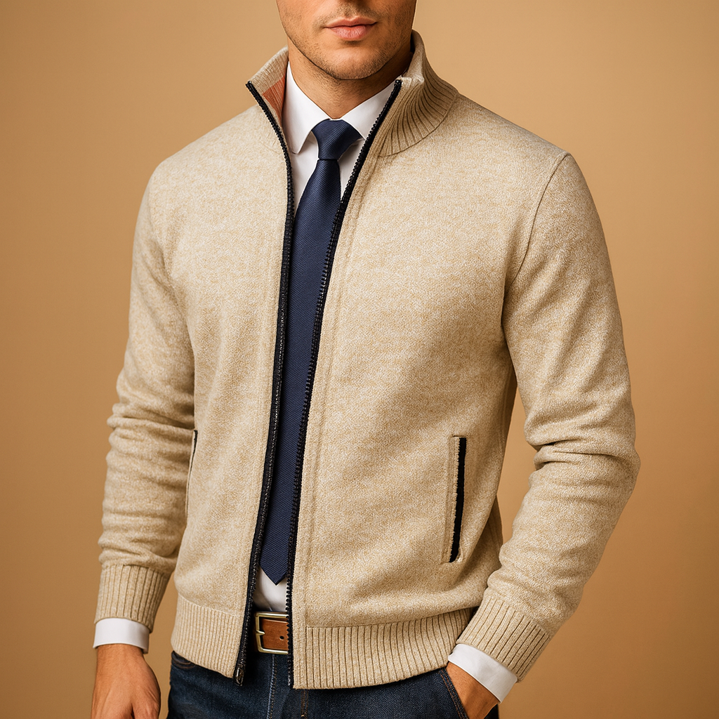 Zip-Up Knit Cardigan with Ribbed Collar
