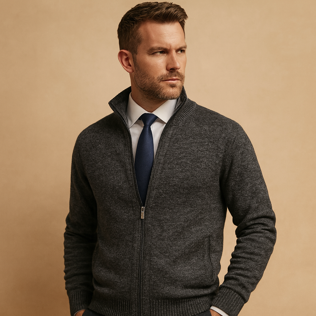 Zip-Up Knit Cardigan with Ribbed Collar