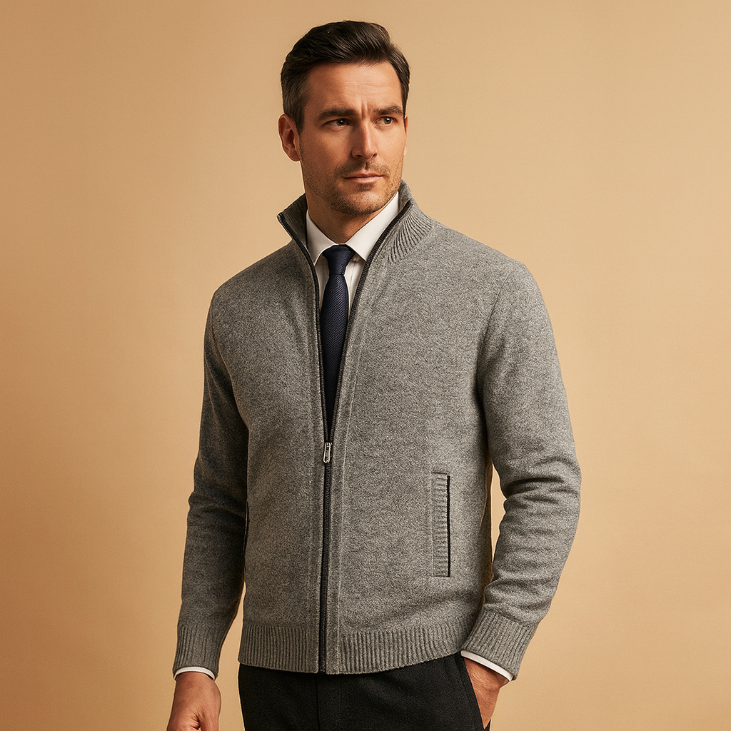 Zip-Up Knit Cardigan with Ribbed Collar
