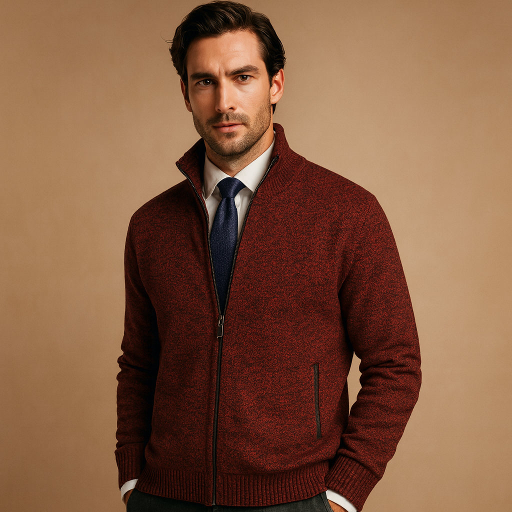 Zip-Up Knit Cardigan with Ribbed Collar