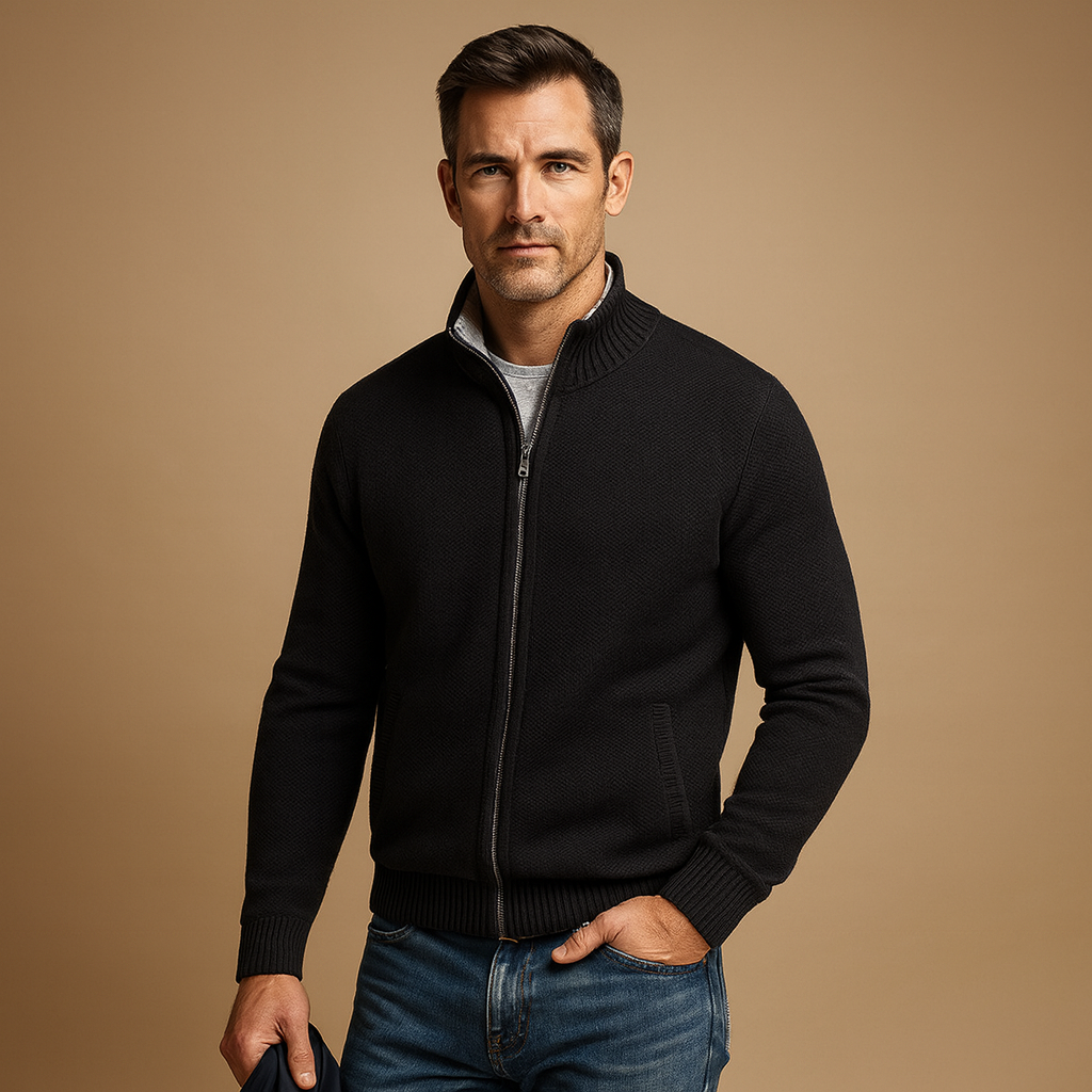 Zip-Up Knit Cardigan with Ribbed Collar