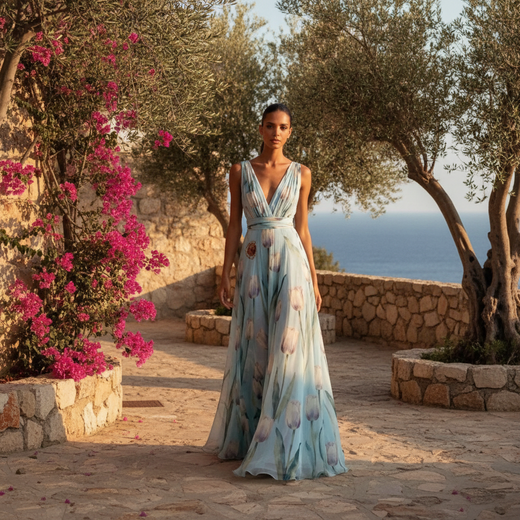 Chiffon Maxi Dress with V-Neck and Flutter Sleeves
